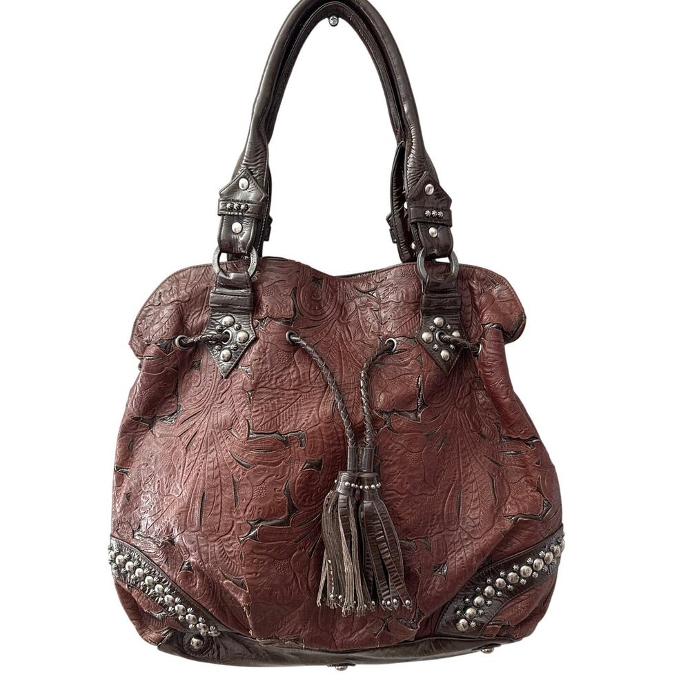 Kippys Brown Glossed Leather Floral Embossed Large Shoulder Bag‎ - Picture 4 of 12